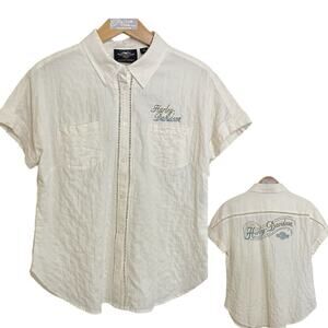 Harley Davidson Logo Womens Blouse Petite M Breezy Cotton Button Woven Shirt